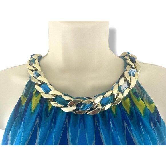 Dressbarn Blue Ikat Print Gold Chain Halter Neck Blouson Maxi Dress Sz 16 Summer - Picture 3 of 9